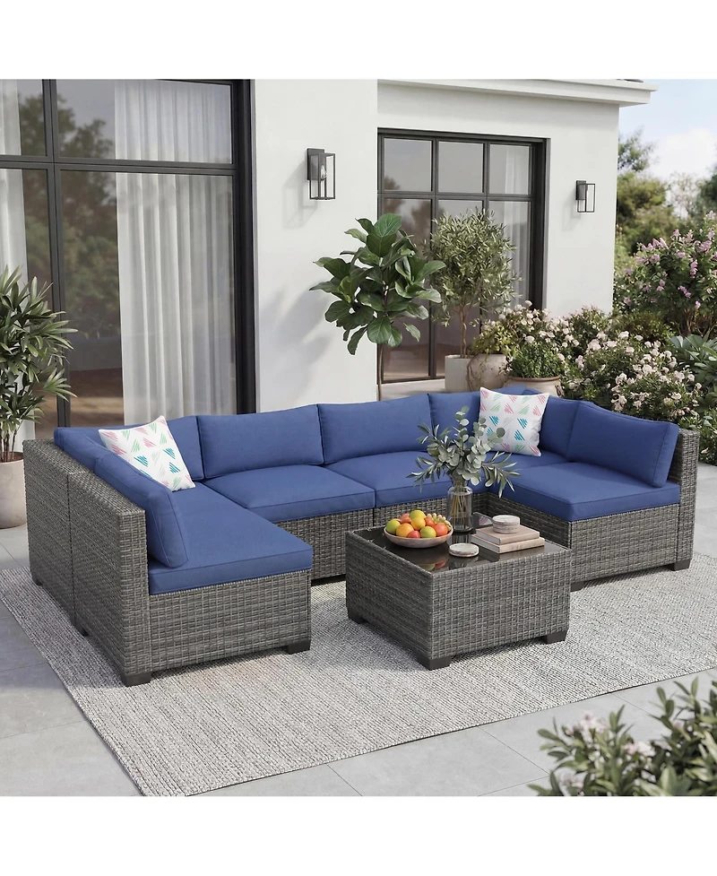 homfan 7-Piece Outdoor Sectional Set with Pe Rattan Wicker, Thick Cushions and Tempered Glass Coffee Table, Modular Patio Seating