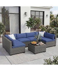 homfan 7-Piece Outdoor Sectional Set with Pe Rattan Wicker, Thick Cushions and Tempered Glass Coffee Table, Modular Patio Seating