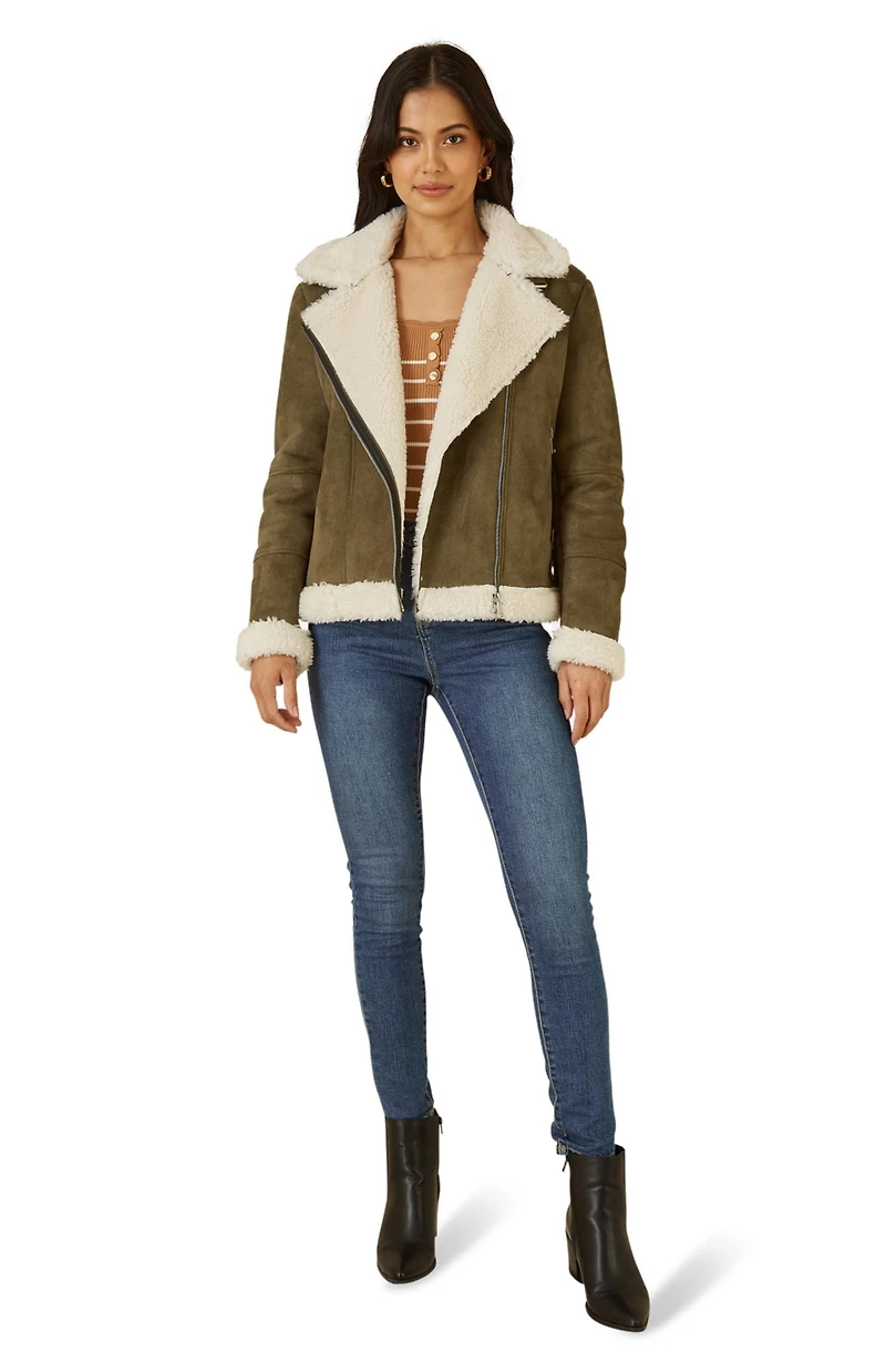 Yumi Women's Faux Suede Shearling Biker Jacket