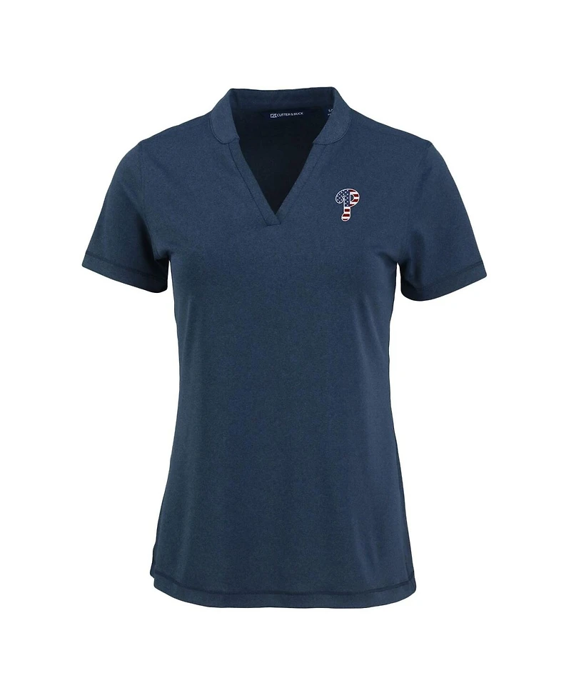 Cutter & Buck Women's Heather Navy Philadelphia Phillies Forge Stretch Blade DryTec V-Neck Polo Shirt