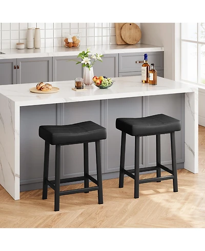 homfan Set of 2 24 Inch Counter Height Bar Stools, Bonded Leather Saddle Seat Kitchen Stools with 2.4" Thick Cushion for Island Dining Room