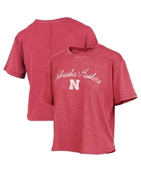 Pressbox Women's Scarlet Nebraska Huskers Vintage Waist Length Script Over Logo T-Shirt
