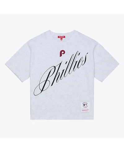Mitchell & Ness Women's Heather Gray Philadelphia Phillies Script Cropped Boxy T-Shirt