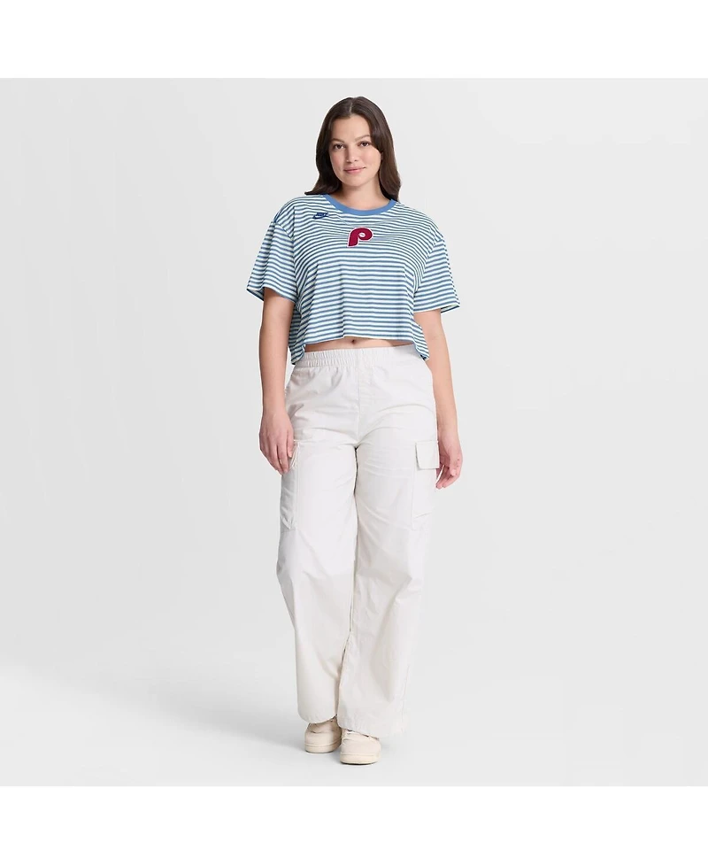 Nike Women's Light Blue/Cream Philadelphia Phillies Cooperstown Collection Striped Cropped T-Shirt