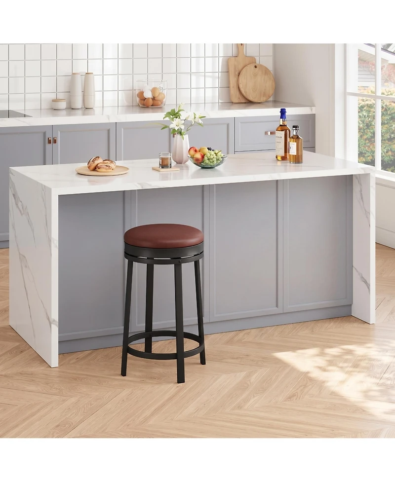 homfan Set of 2 24 Inch Swivel Counter Height Bar Stools, Backless Round Pu Leather Seat, Strong Metal Frame Modern Chairs for Kitchen