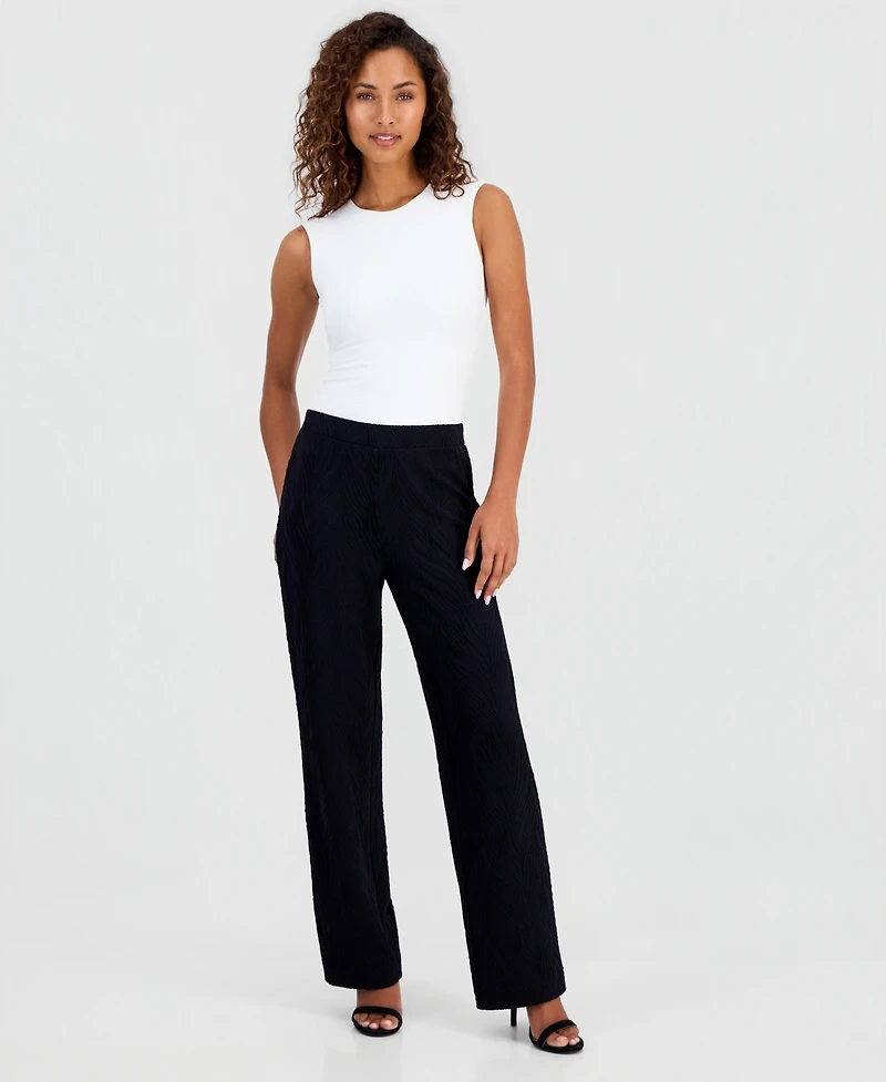 Anne Klein Petite Textured Knit Mid-Rise Wide-Leg Pants