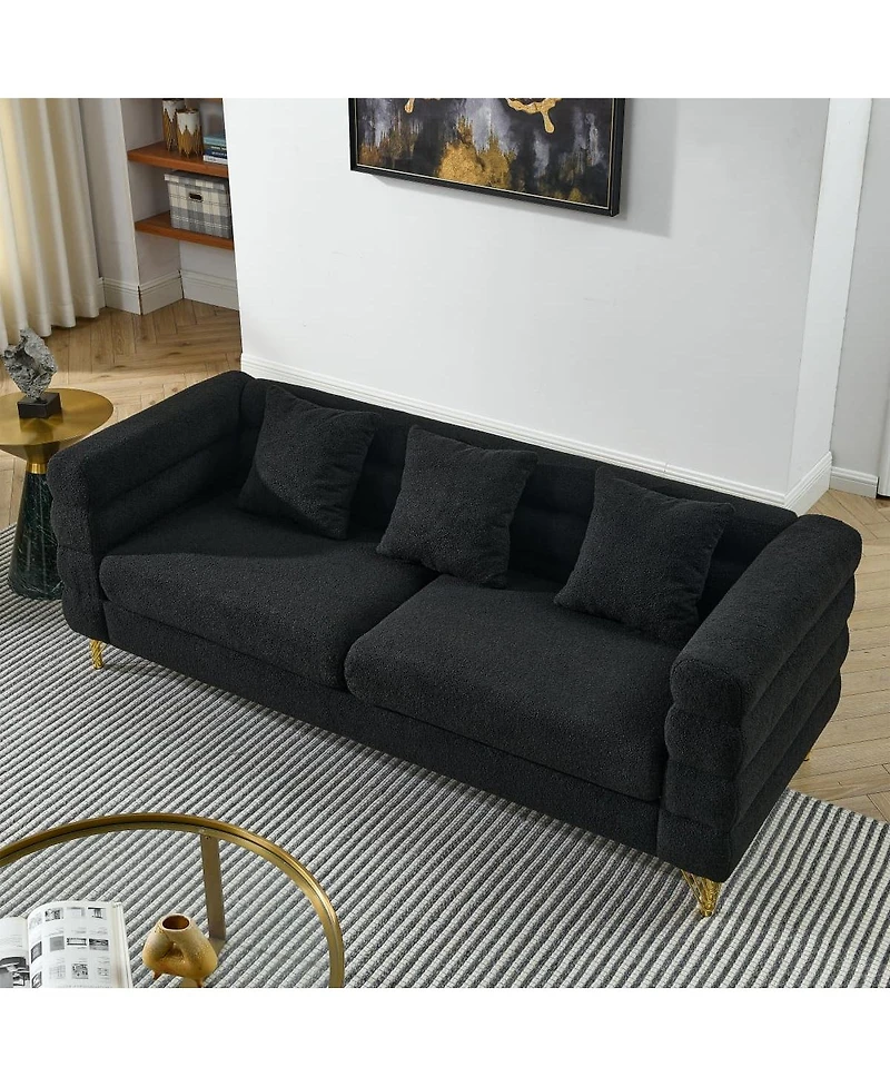 Maison Boucle 81'' Three-Seater Teddy Fabric Sofa Couch, Deep Seating, 3 Pillows