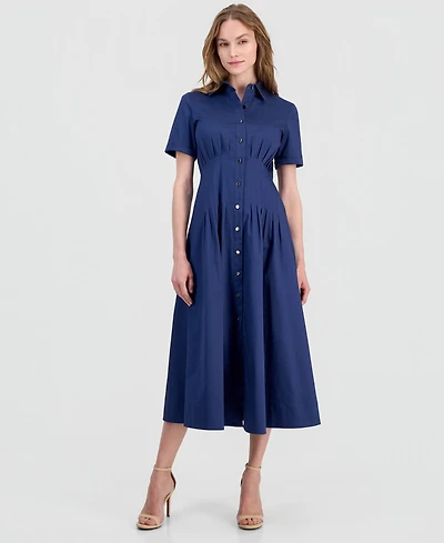 Anne Klein Women's Pleated-Waist Midi Shirt Dress