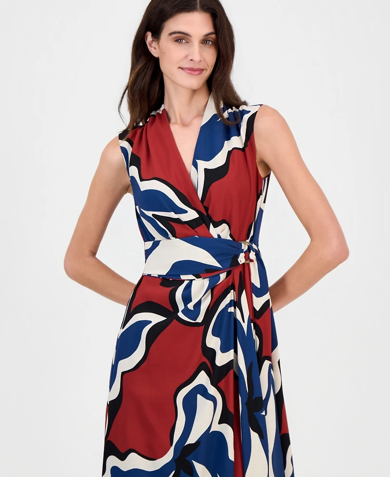 Anne Klein Women's Printed Faux-Wrap Tie-Waist Midi Dress