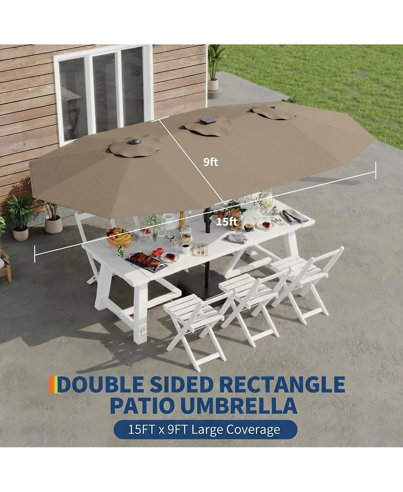 homfan 15FT Double-Sided Patio Umbrella with Solar Led Lights and Base, Uv Waterproof Canopy, 12 Ribs, Double-Layer Fabric, Heavy Frame