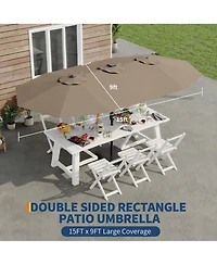 homfan 15FT Double-Sided Patio Umbrella with Solar Led Lights and Base, Uv Waterproof Canopy, 12 Ribs, Double-Layer Fabric, Heavy Frame