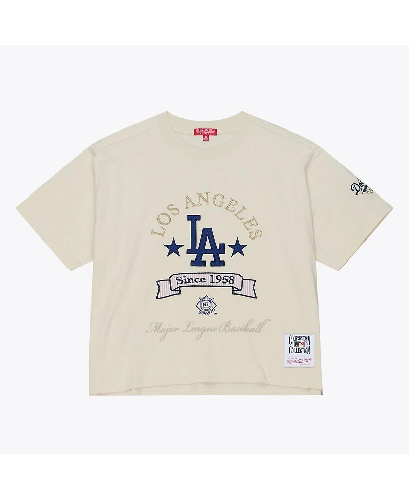 Mitchell & Ness Women's Cream Los Angeles Dodgers Cooperstown Yacht Rock Boxy Cropped T-Shirt