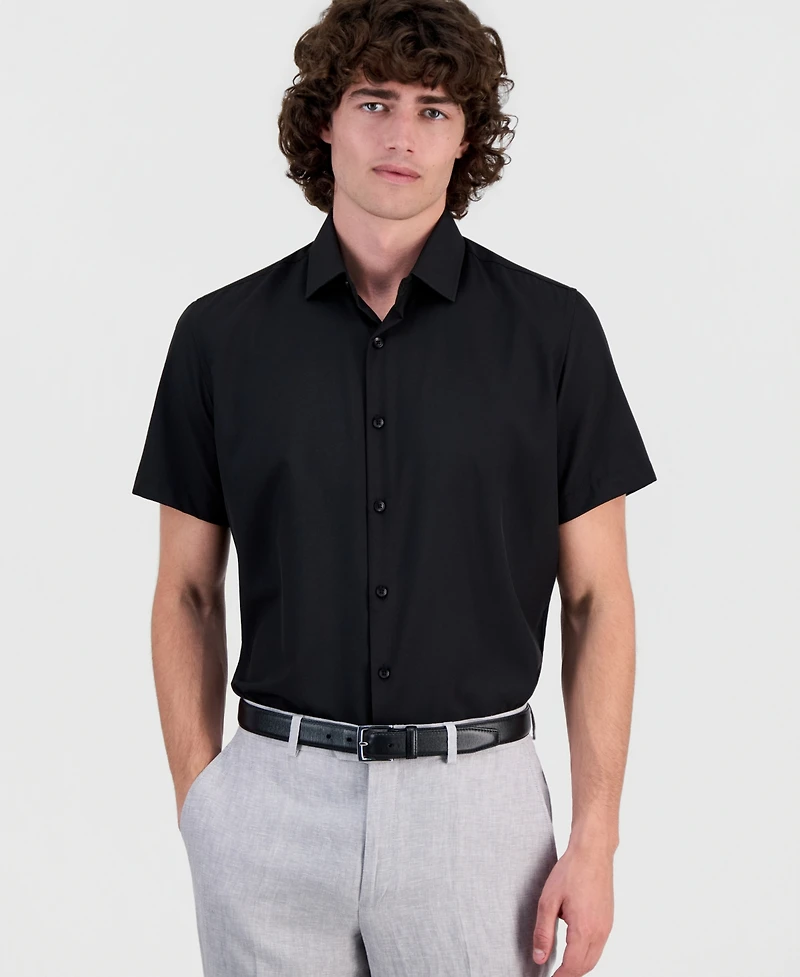 Suslo Couture Men's Slim-Fit Four-Way Stretch Solid Short-Sleeve Dress Shirt