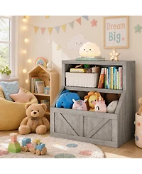 homfan Kids Bookshelf and Toy Storage, 2 Tier Organizer with Storage Cabinet, Toddler Shelf Bookcase for Playroom, Living Room, Classroom
