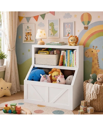 homfan Kids Bookshelf and Toy Storage, 2 Tier Organizer with Storage Cabinet, Toddler Shelf Bookcase for Playroom, Living Room, Classroom