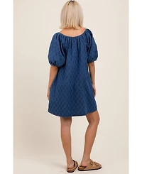 Pinkblush Maternity Navy Chambray Jacquard Puff Sleeve Mini Dress
