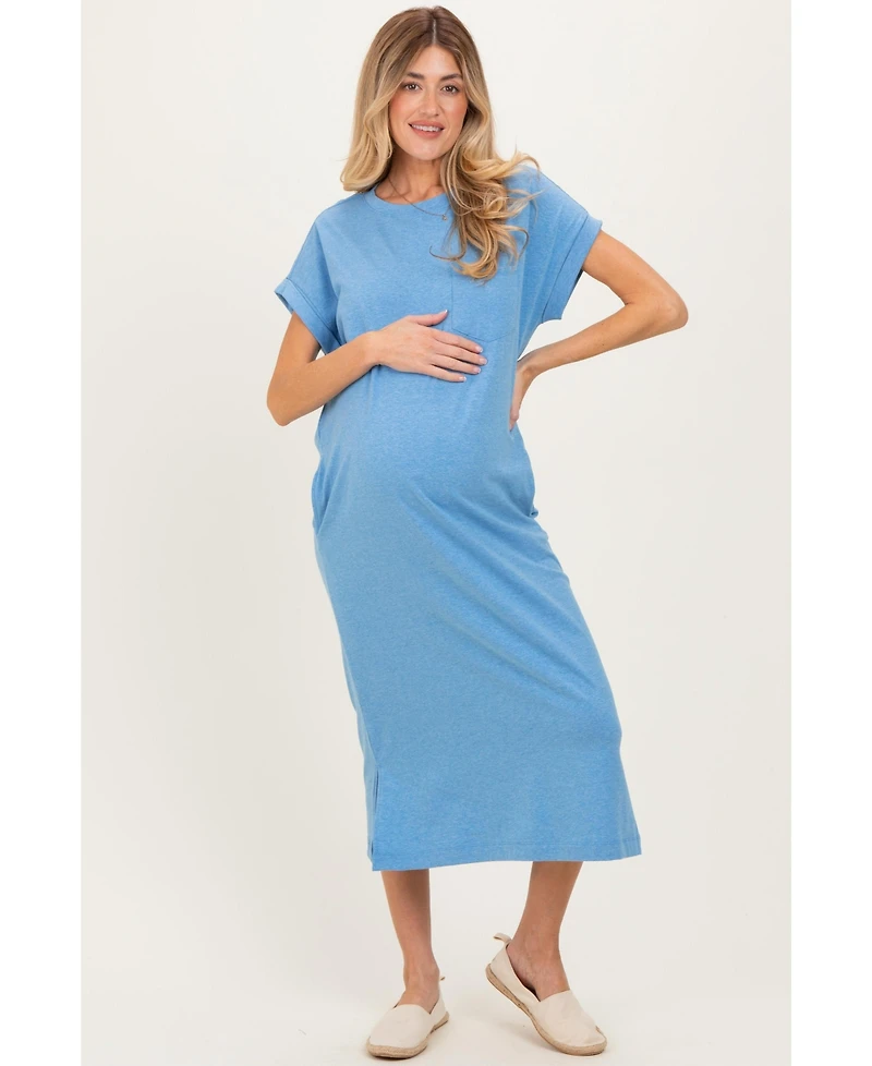 Pinkblush Maternity Dusty Blue Pocket Front Midi T-Shirt Dress