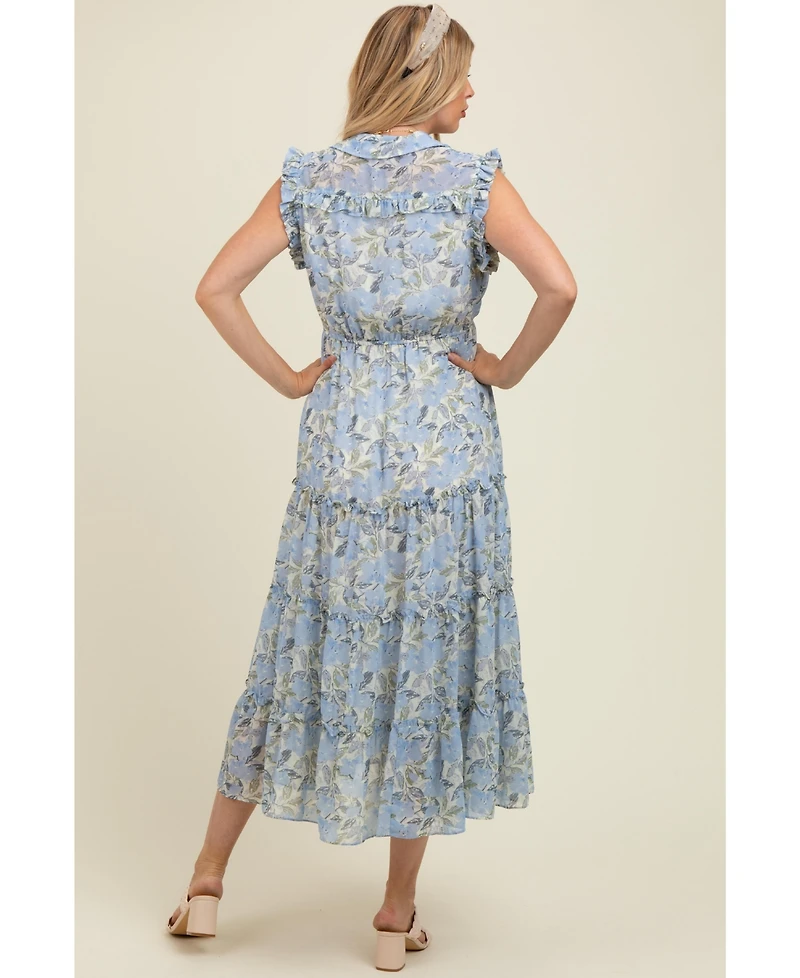 Pinkblush Maternity Blue Floral Print Frilled Pocketed Midi Dress