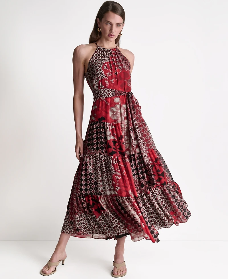 Bcbg Women's Patchwork Chiffon Halter Maxi Dress with Tiered Skirt