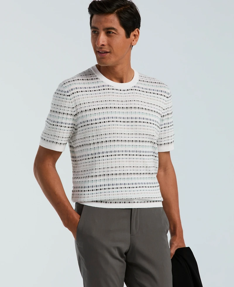 Perry Ellis Men's Jacquard Multicolor Short Sleeve Geometric Print Sweater