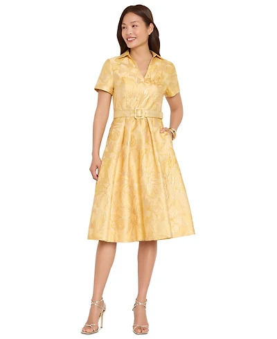 Tahari Asl Women's Belted Short-Sleeve Collared Midi Dress