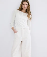 Mango Women's Floral Embroidery Wide Leg Jeans
