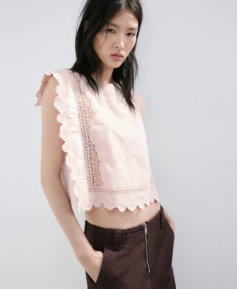 Mango Women's Embroidered Details Cotton Top