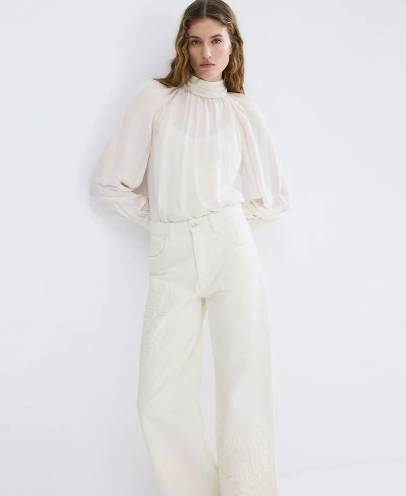 Mango Women's Flower-Embroidered Straight-Fit Jeans