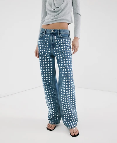 Mango Women's Studs Straight-Fit Jeans