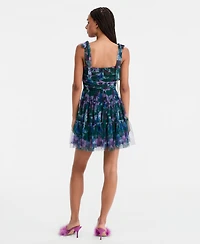 Seni & Cade Juniors' Twisted Printed Mesh Fit Flare Dress
