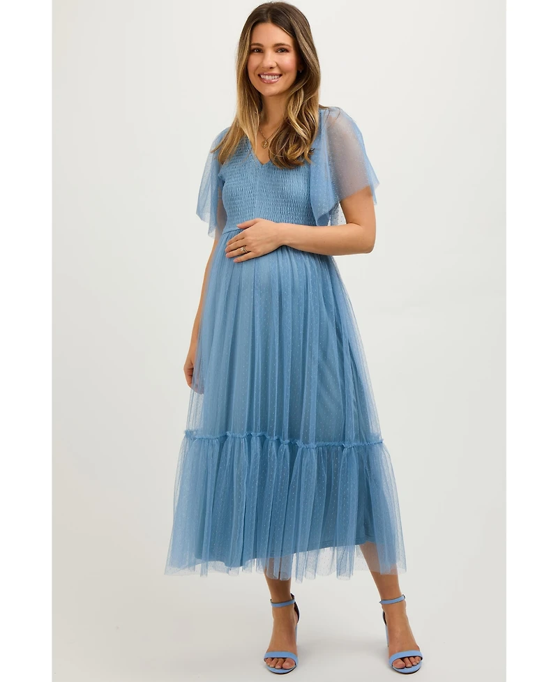 Pinkblush Maternity Dotted Tulle Smocked Midi Dress