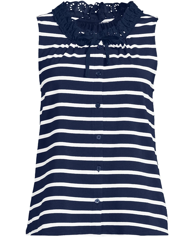 Lands' End Women's Lightweight Jersey Button Front Lace Trim Tank