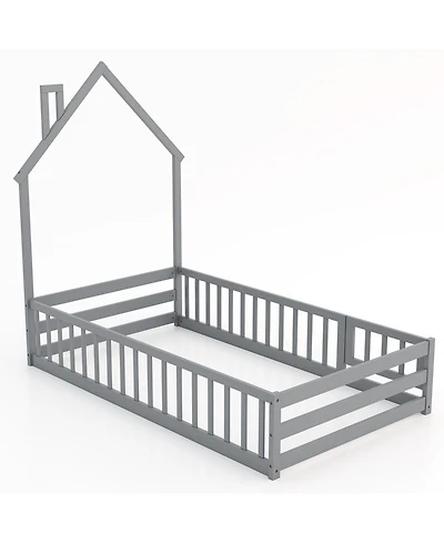 Sugift Twin Size Montessori Floor Bed with Lockable Door and Full-Length Guardrail