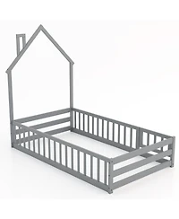 Sugift Twin Size Montessori Floor Bed with Lockable Door and Full-Length Guardrail