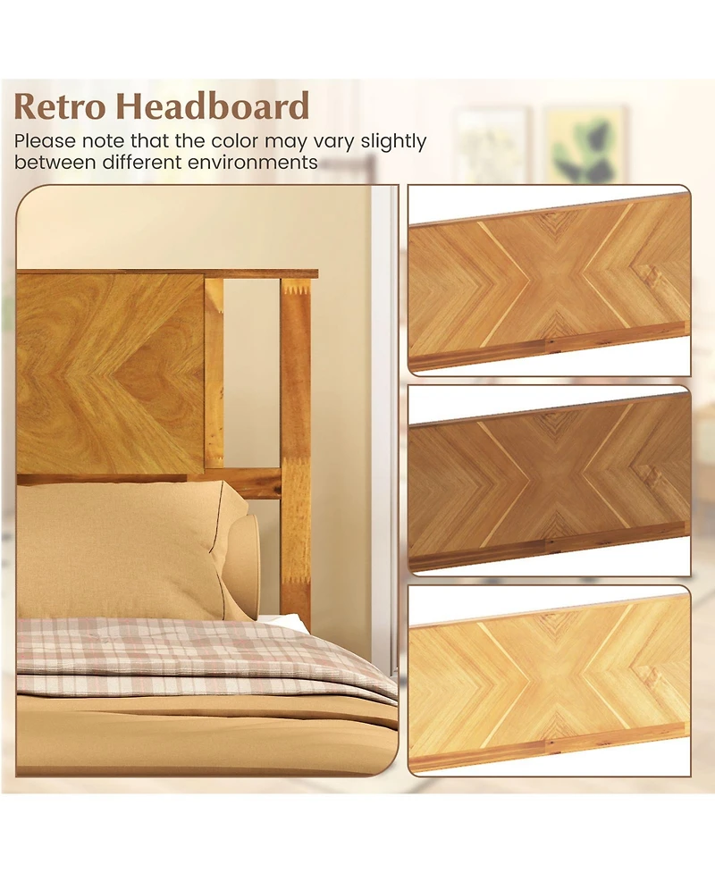 Sugift Twin Size Bed Frame Mid-Century Acacia Wood Platform Bed with Headboard