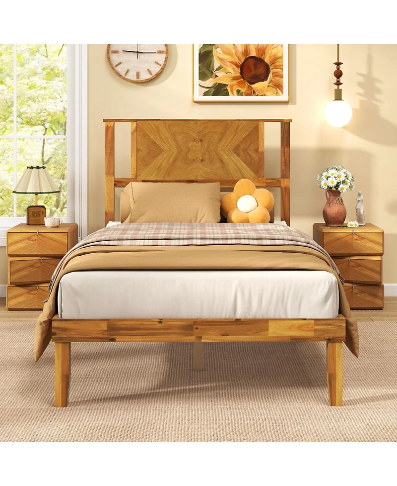 Sugift Twin Size Bed Frame Mid-Century Acacia Wood Platform Bed with Headboard