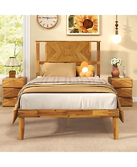 Sugift Twin Size Bed Frame Mid-Century Acacia Wood Platform Bed with Headboard