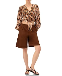 Ivonne Women's V-Neck Geometric Print Blouse with Bottom Tie