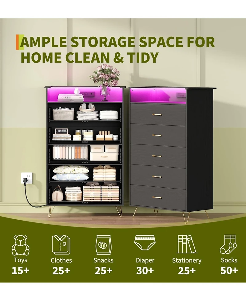 gaomon Tall 5 Drawer Dresser with Rgb Led Lights and Charging Station, Wood Storage Cabinet for Bedroom