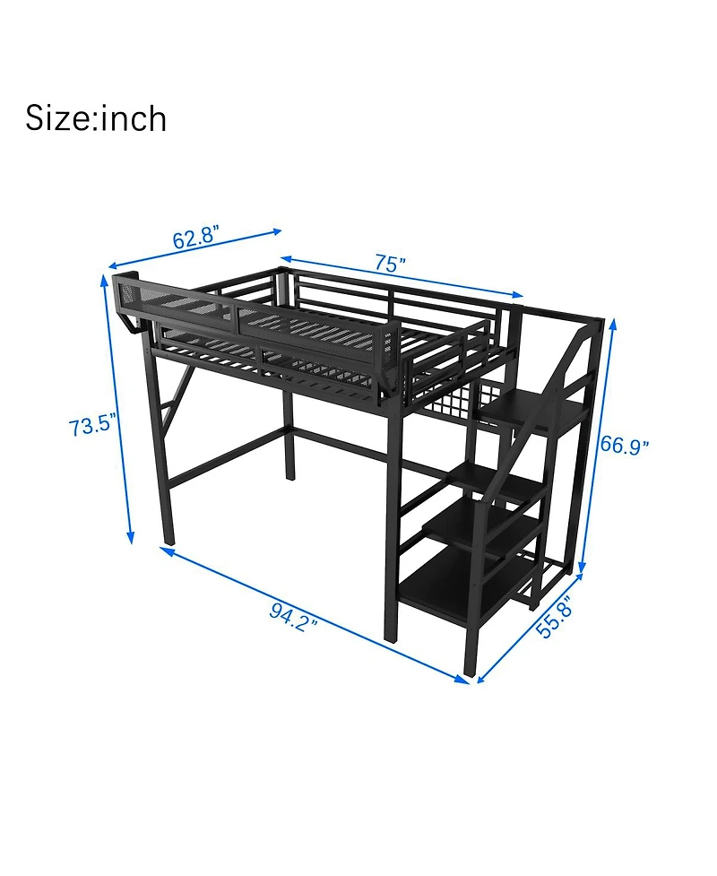 Streamdale Furniture Metal Full Loft Bed with Stairs, Light and Storage