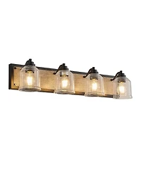 Busdays 32 Inch Farmhouse Vanity Light Fixture 4 Light Bathroom Wall Sconce with Clear Seeded Glass Shades and Wood Grain Finish