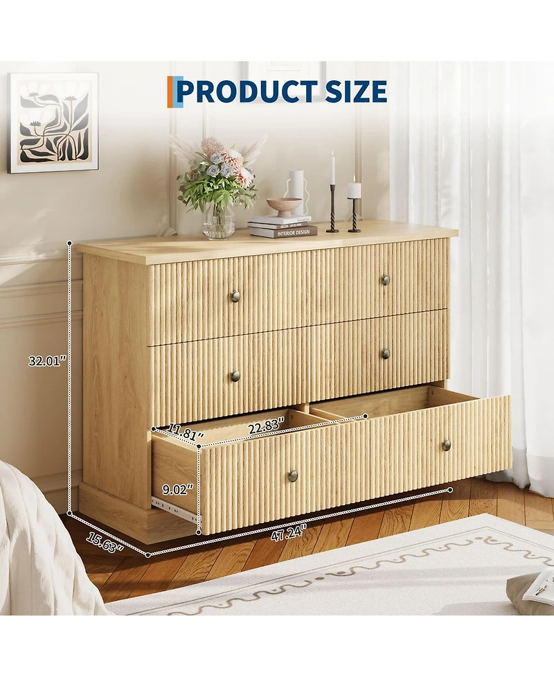 gaomon 6 Drawer Fluted Dresser Wide Modern Wood Storage Chest with Metal Handles for Bedroom Apartment