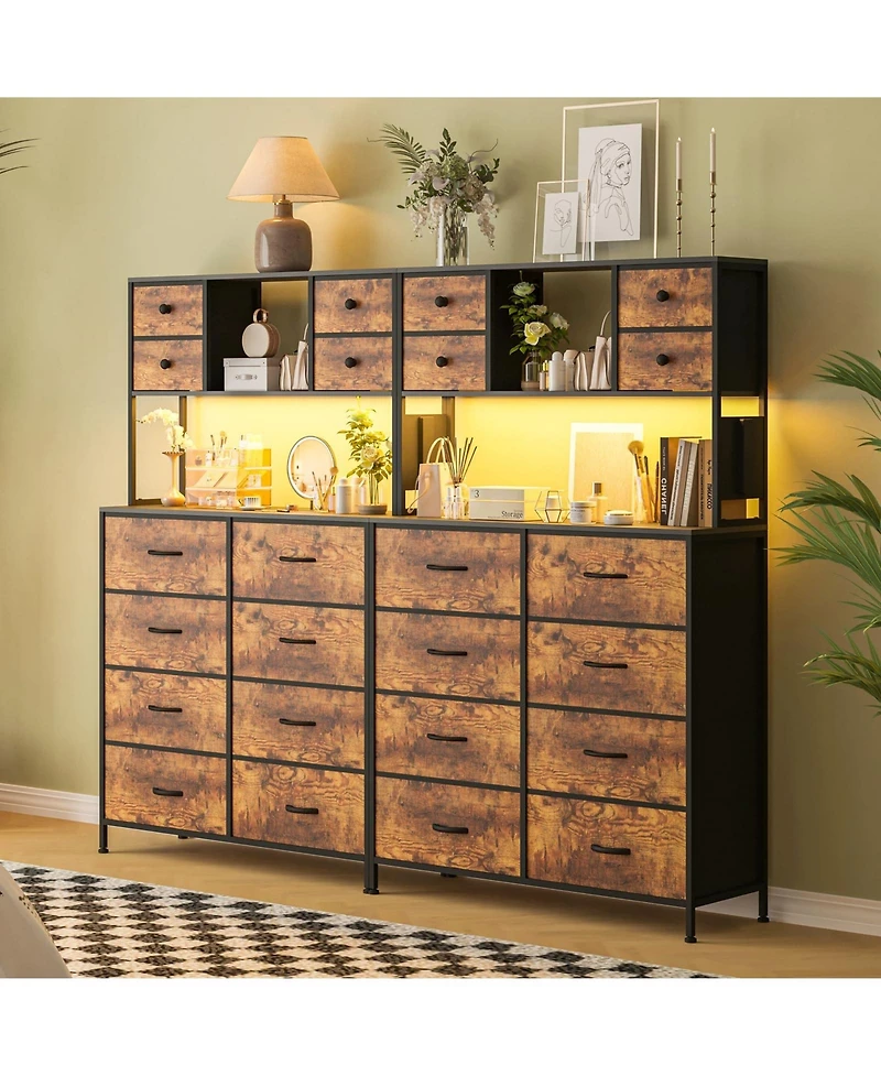 gaomon 12 Drawer Fabric Dresser with Led Lights and Power Outlet, Storage Organizer with Open Shelves