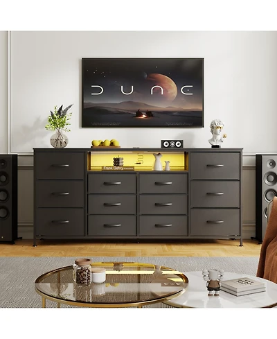 gaomon 63 inch Dresser Tv Stand with 12 Drawers for 65-75 inch TVs, Fabric Storage Chest with Charging Station and Led Lights