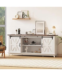gaomon 66" Farmhouse Tv Stand for TVs up to 75", Media Console with Sliding Barn Doors, Adjustable Shelf and Charging Station