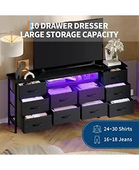 gaomon Tv Stand Dresser with 10 Fabric Drawers for TVs, Entertainment Center with Led Lights and Power Outlets