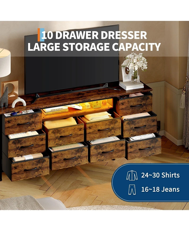 gaomon Tv Stand Dresser with 10 Fabric Drawers for TVs, Entertainment Center with Led Lights and Power Outlets