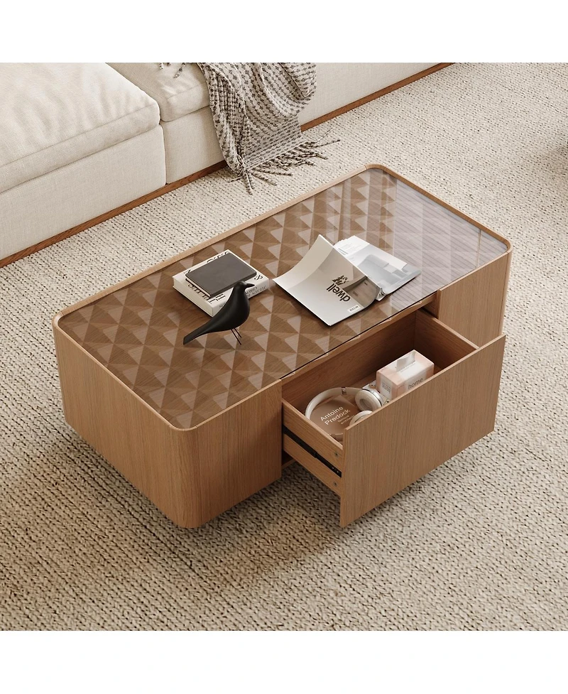 Streamdale Furniture Mid-Century Modern Glass Top Coffee Table with Storage
