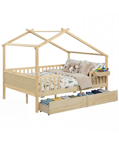 Slickblue Kids Full House Bed Frame with Roof and Safety Rails