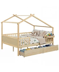 Slickblue Kids Full House Bed Frame with Roof and Safety Rails